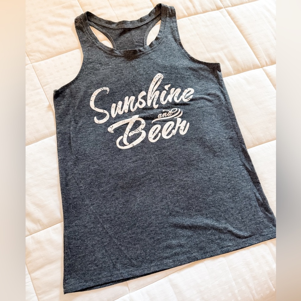 Women’s Gray Sunshine and Beer Racerback Tank Top, Size S